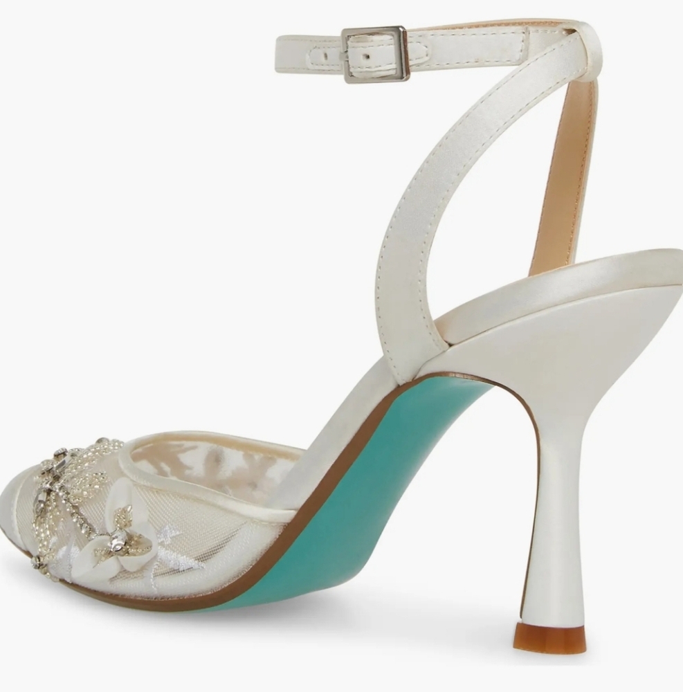 Embellished White Satin Ankle-Strap Pump - Picture 8 of 10
